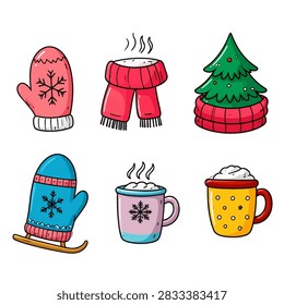 A cozy set of winter accessories including mittens, scarf, and a decorated Christmas tree, perfect for holiday season and winter celebrations.