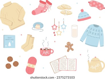 A cozy set of winter elements. Vector winter elements in delicate colors