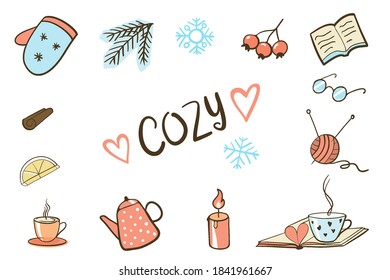 Cozy set of winter icons - cartoon style illustrations