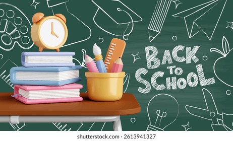 A cozy setup featuring stacked books, a clock, and school supplies, ideal for back-to-school promotions.