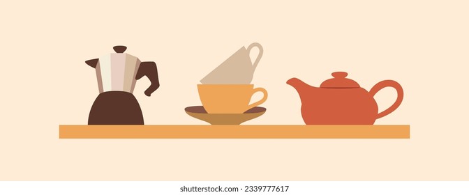 Cozy shelf with cups, coffee maker, teapot in the kitchen. Set of kitchen utensils іsolated on a light background. Side view. Vector illustration