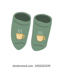 Cozy short green socks with hot tea or coffee mugs design. Vector isolated illustration