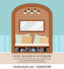 Cozy simple home corridor interior background with furniture and arched recess in the wall: shoe bench, mirror, lamp, shelf, books, box, pillows in flat cartoon style. Vector banner illustration.
