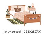 Cozy single bed in modern home bedroom interior. Comfortable pillows, cushions, duvet, blanket, lamp and book on nightstand, rug, potted plant. Flat vector illustration isolated on white background