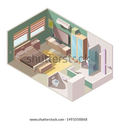Cozy, single room apartment interior with separate toilet and bathroom shower cabin, double bed, TV set, wardrobe, and yellow carpet on floor cross section, isolated isometric vector illustration