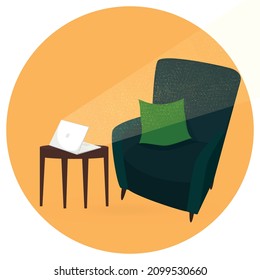 Cozy Single soft armchair with pillow next to a table with a laptop with bright lighting. Flat style vector illustration.