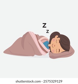 Cozy Sleeping Cartoon Character. Adorable cartoon illustration of a character sleeping peacefully under a warm blanket, perfect for conveying comfort and relaxation