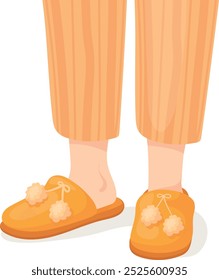 Cozy slippers on kid legs. Comfortable child clothes isolated on white background