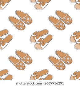 Acogedoras zapatillas sin patrón con detalles florales y de lazo. Patrón sin fisuras con lindas zapatillas dibujadas a mano.
