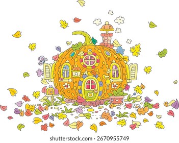 Acogedora casa Pequeña de calabaza con ventanas, puerta, chimenea y buzón rodeado de coloridas hojas de otoño que caen y se arremolinan, ilustración de dibujos animados de Vector en blanco