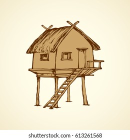 Cozy small poor barn on legs isolated on white background. Retro thai rest arbor with aged reed roof. Freehand outline ink hand drawing picture sketch in art vintage doodle contour style pen on paper