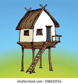 Cozy small poor clay barn on legs isolated on blue sky background. Retro thai rest pagoda arbor with aged reed roof. Bright color ink hand drawing picture sketch in art retro doodle contour style