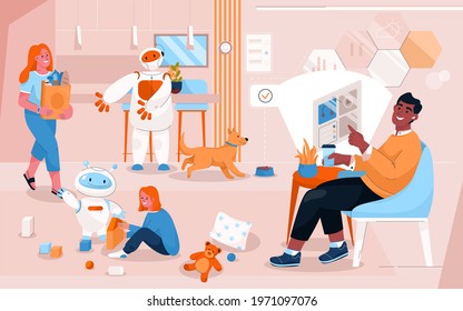 Cozy smart home scene. Man controls system at touch panel sitting at armchair. Robot caring for dog. Girl plays with cubes and robotic nanny. Woman returns from store. Vector character illustration