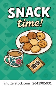 A cozy snack-time poster features a green background with coffee beans, bold "SNACK time!" text, assorted cookies, a steaming coffee cup, and a packaged snack.Translation: fragrant cake.