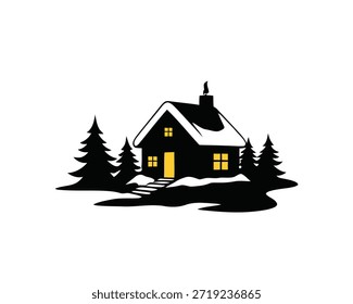 Cozy Snow-Covered Cabin Surrounded by Evergreen Trees Under a Dark Sky