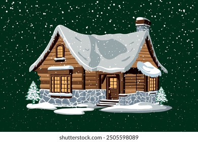 Cozy Snow-Covered Cabin in a Winter Wonderland, Christmas Wooden House Vector Illustration