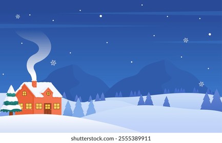 Cozy snowcovered house in snowy mountains under starry night sky. Suitable for winter vacation, holiday, nature, remote living concepts.