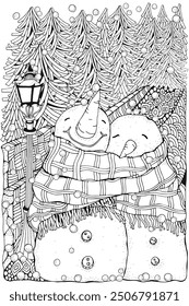 Cozy Snowman Couple Coloring Page – Winter Wonderland, Detailed Line Art, Christmas, Adult and Children’s Coloring Illustration. Zentangle patterns.