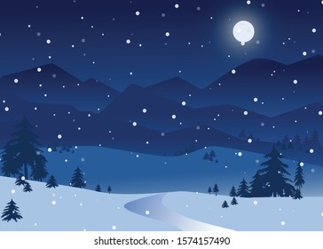 Cozy snowy night scene. Beatiful winter background.  Moonlit landscape.