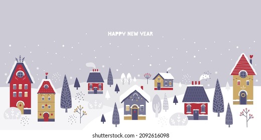 Cozy snowy town on the background of a winter landscape. Cute christmas houses, falling snow, snowdrifts, winter forest. Happy New Year and Merry Christmas. Horizontal banner in Scandinavian style