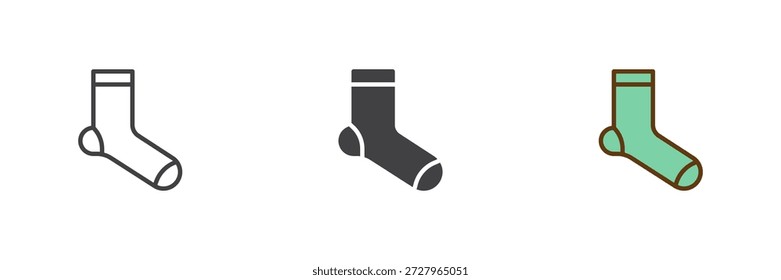 Cozy sock icon set in line, solid and filled outline colorful style. Autumn clothing sock icon, color vector sign and symbol. Seasonal icon pack for cold days.