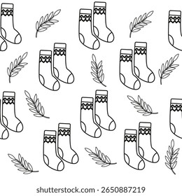 Calcetines acogedores doodle sin patrón. Fondo de contorno de otoño caliente para tela