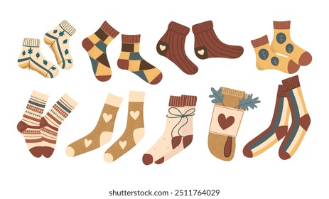 Conjunto de calcetines acogedores. Ropa de abrigo de color Vector otoño. 