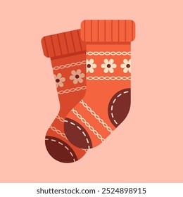 Ilustración vectorial de calcetines acogedores. Vector calcetines de otoño acogedores con un patrón decorativo. Perfecto para ilustraciones de ropa cálida, moda de otoño y diseños acogedores de temporada.