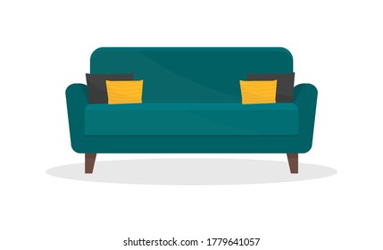 Cozy Sofa With Black And Yellow Pillows. Comfortable Couch. Furniture For Living Room. Soft Seat. Colorful Flat Vector Illustration Isolated On White Background.