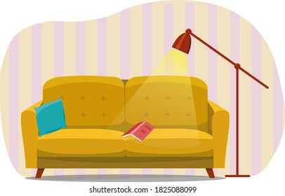 Cozy sofa with a book, pillow and floor lamp. Flat cartoon style vector illustration.