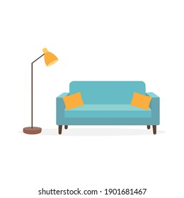 sofá acogedor con lámpara de pie. sofá azul con almohadas amarillas. Ilustración vectorial aislada en fondo blanco.