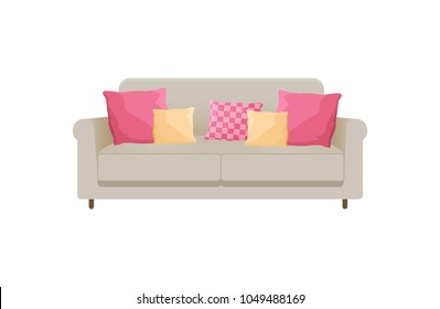 Cozy sofa with many cushions, vector illustration with grey furniture, two sofa stands, pink and beige pillows, square pattern, white background