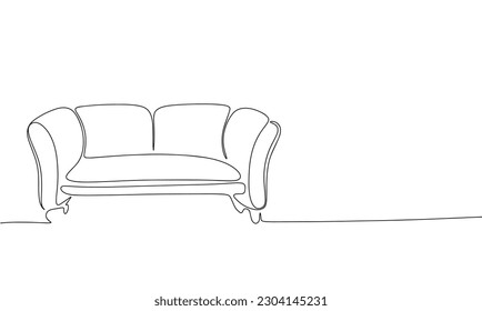 Cómodo sofá como una pancarta de dibujo. Diseño de minimalismo minimalista con dibujo manual continuo aislado en ilustración vectorial de fondo blanco.
