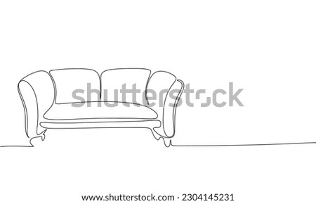 Cozy sofa as one line drawing banner. Continuous hand drawn minimalist minimalism design isolated on white background vector illustration.