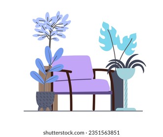 Un sillón mullido y acogedor entre las plantas de la casa. Diseño interior de colores fríos en un estilo de dibujos animados mínimo.