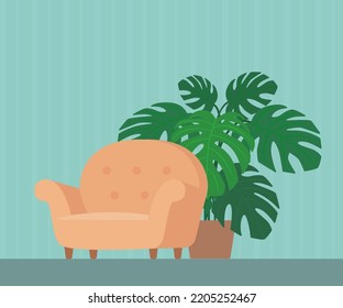 Cozy soft armchair and home plant in pot. Home interior concept. Cartoon flat style. Vector illustration
