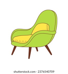 Cozy soft armchair with upholstered armrests. Color doodle icon. Modern hygge lounge furniture. 
