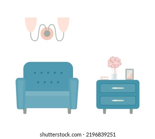 Cozy soft blue armchair and nightstand. On white background. Home interior concept. Vector illustration. Cartoon flat style