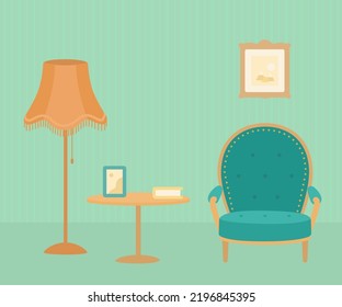 Cozy soft green armchair, coffee table and floor lamp. Home interior concept. Cartoon flat style. Vector illustration