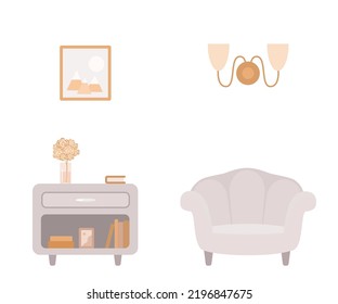 Cozy soft light armchair and nightstand. On white background. Home interior concept. Vector illustration. Cartoon flat style