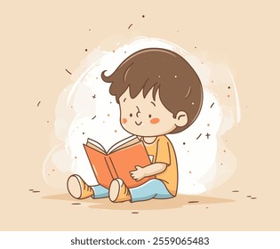 In cozy space filled with warmth and charm, little boy sits with colorful book, completely absorbed in exciting adventures, truly delightful atmosphere vector illustration. Joyful small boy sitting