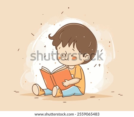 In cozy space filled with warmth and charm, little boy sits with colorful book, completely absorbed in exciting adventures, truly delightful atmosphere vector illustration. Joyful small boy sitting