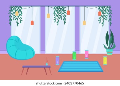 Cozy space interior with aroma candles, armchair bubble, dim lights, home plant, yoga map. Vector illustration. Quiet place for yoga and relaxation. Mental health, mindfulness, meditation concept