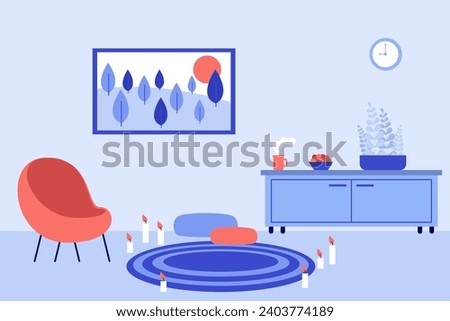Cozy space interior with aroma candles, armchair, home plant, picture on wall, map on floor. Vector illustration. Quiet place for yoga and relaxation. Mental health, mindfulness, meditation concept