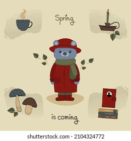 Cozy spring vector set of isolated objects: a bear in a red coat, a candlestick a books mushrooms a mug with steam. Stickers, hand-drawn elements for children's books, fabrics, wrapping, stationery.