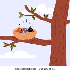 A cozy springtime melody. Vector illustration of colorful chicks in a nest singing, with new leaves sprouting on the branch, symbolizing new beginnings.