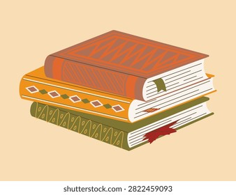 Cozy stack of vintage hardcover books decorated with ornamental covers and autumn leaf bookmark in flat vector style. Perfect for educational posters, bookshop promo, and autumn reading designs. Vector illustration