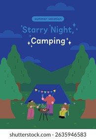 Cozy Starry Night Camping with Tent and Campfire Illustration