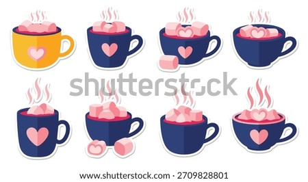 Cozy sticker set of steaming mugs of hot chocolate topped with pink heart-shaped marshmallows for a warm winter beverage.
