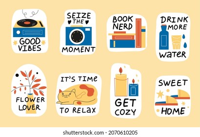 Cozy stickers. Comfort home labels, cute motivational quotes, room objects emblems, relaxing lifestyle, lazy weekend elements, read book and listen music, vector cartoon isolated set